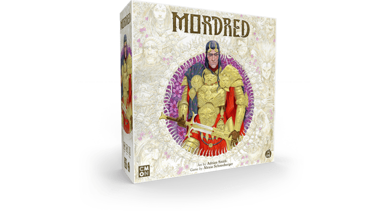 Box art for the Arthurian-themed board game "Mordred" features a knight in ornate armor holding a sword against a decorative purple and gold background. The box displays intricate illustrations, emphasizing its area control gameplay, with the game's title in bold lettering.