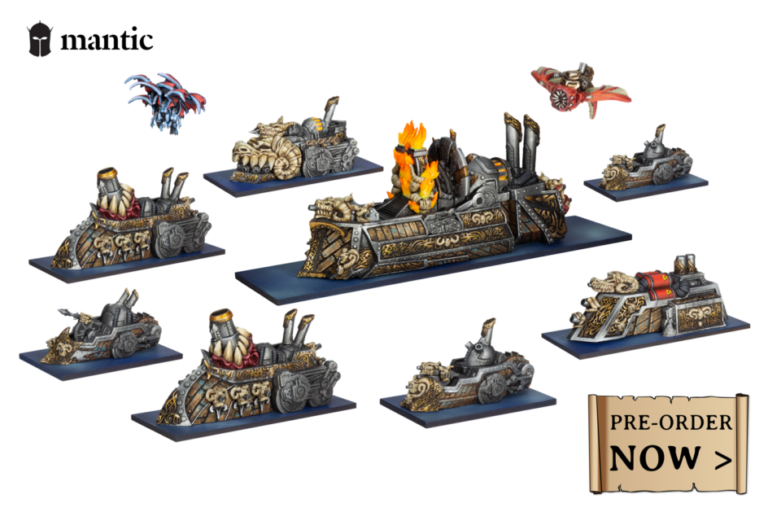 A collection of intricately designed miniature war machines with ornate details and varying shapes. The centerpiece, inspired by the Abyssal Dwarf Fleet, features flaming elements and elaborate metalwork. "Mantic Games" graces the top left corner, while a "Pre-Order Now" sign beckons on the bottom right.