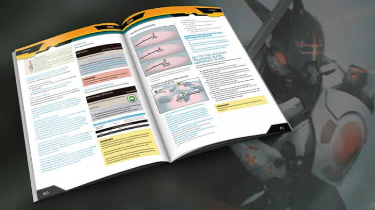 An open book with colorful text and diagrams on both pages, featuring topics on digital interfaces and processes. A futuristic robot, reminiscent of the Infinity N4 universe by Corvus Belli, is partially visible in the background, out of focus.
