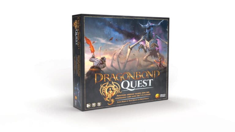 The board game box of "Dragonbond Quest" spotlights stunning fantasy artwork crafted by the Heroes of Terrinoth Creators, depicting valiant warriors and a menacing dragon. The title elegantly shines in gold lettering, hinting at the cooperative card game's thrilling adventures within.