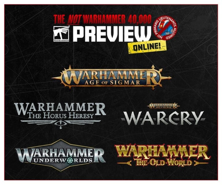 A promotional image showcases logos for Warhammer games like "Age of Sigmar," "Warcry," and more. Games Workshop invites fans to watch the online preview event for the new Warhammer 40 saga, including insights into "The Horus Heresy" and "The Old World.