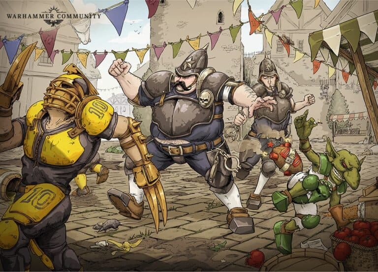 A cartoonish street brawl scene unfolds on this urban battleground, where armored figures clash. A large mustached character faces off against a green goblin-like creature. Colorful banners flutter above while debris is scattered across the Gutter Bowl-inspired setting below.