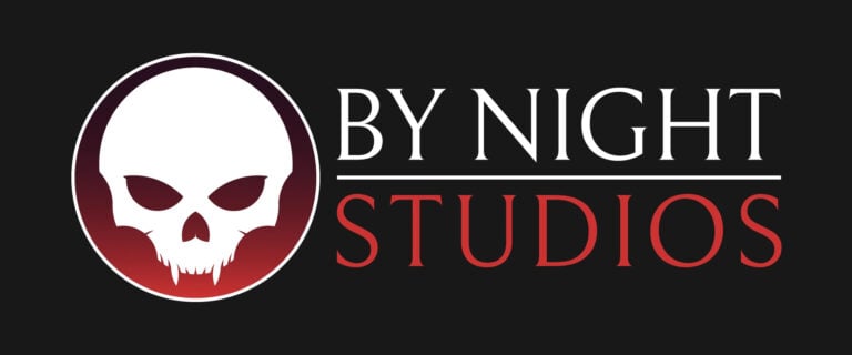 The logo of By Night Studios, known for its LARP book collections, showcases a white skull within a red circle against a black backdrop. The bold words "BY NIGHT" appear in white and "STUDIOS" in red.