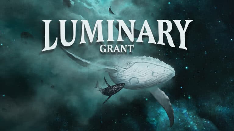 A cosmic scene captures a giant whale gliding through misty space, a smaller whale by its side. Above, "LUMINARY GRANT" is boldly etched in white, echoing the celestial journey akin to receiving Hit Point Press's prestigious Q2 Recipients nod.