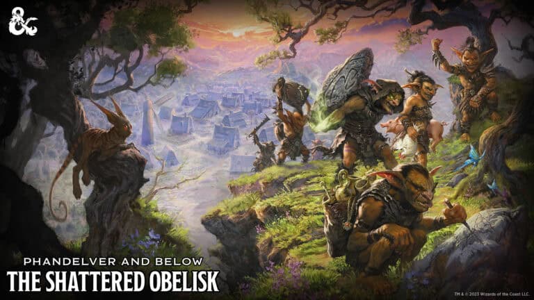 A fantasy scene features goblin-like creatures clad in armor on a grassy cliff, reminiscent of a Dungeons & Dragons encounter. They overlook a distant town at sunset, vibrant skies above. The foreground is lush with vegetation and rocky terrain, hinting at adventures in Phandelver and Below.