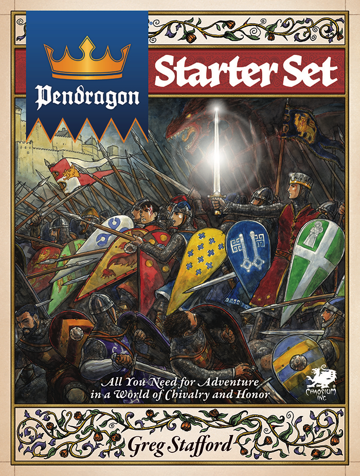Illustrated cover of the "Pendragon Starter Set" by Greg Stafford. This launch by Chaosium Inc. features knights in armor and colorful shields battling fiercely on horseback. The border has medieval designs, and a banner reads, "All You Need for Adventure in a World of Chivalry and Honor.