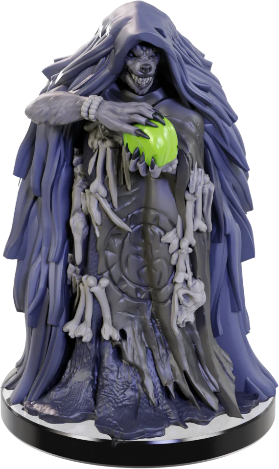 A mystical, hooded figure from the Fearsome Forces Miniatures Set with a skeletal face and long, flowing robes adorned with bones holds a bright green apple. The figure's eyes gleam, and the robe's texture resembles ancient wood, creating an eerie presence that echoes Pathfinder Battles.