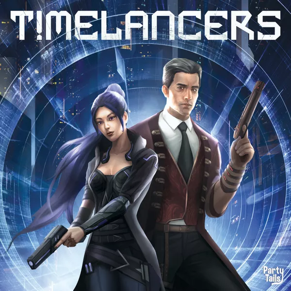 In a futuristic scene, two Timelancers stand before a sprawling cityscape. One sports purple hair and wields a weapon, dressed in a sleek outfit. The other, clad in a suit, gestures forward. "Timelancers" is boldly displayed overhead—a visionary glimpse into the world of time travel through Kickstarter dreams.