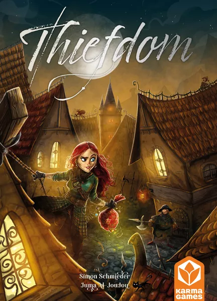 Cover art for the board game "Thiefdom" by Karma Games shows a sneaky female rogue with red hair leaping across rooftops under a moonlit sky, clutching a glowing, stolen artifact. In the distance, a guard scours the town. Support this thrilling adventure on Kickstarter now!