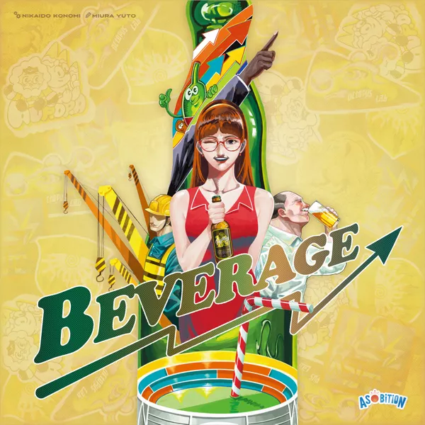 An illustration of a woman holding a beverage bottle amidst construction workers and a dartboard highlights the word "Beverage" prominently. The Kickstarter-themed background adds playful elements like a cartoon character and abstract designs, echoing the creativity found in worker placement games.