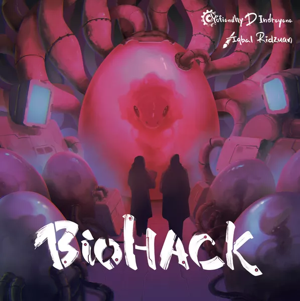 In a futuristic laboratory scene, two silhouetted figures face a large, pink, egg-shaped bio-organism, surrounded by tubes and smaller pods. The text "BioHACK" is prominently displayed at the bottom, echoing the excitement of a Kickstarter launch for this immersive strategy board game.