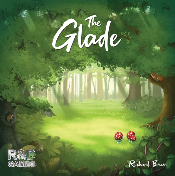 In a lush green forest scene, sunlight streams through the trees, highlighting the game title "The Glade: Enchanting Forest Adventure." Two red and white mushrooms stand in the foreground. The bottom corners display "R&D Games" and "Richard Breese," inviting you to explore this Kickstarter gem.