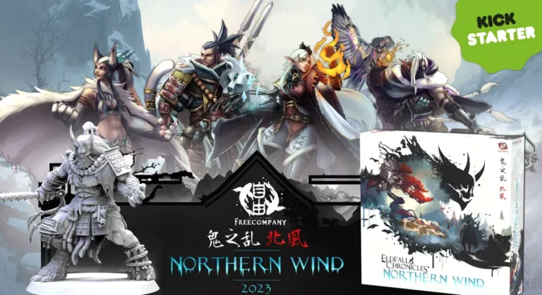 Illustration of a board game titled "Northern Wind," a hybrid RPG with fantasy warriors in armor featuring animal motifs. Includes a miniature and the game's box, displaying dark, atmospheric artwork. An "Eldfall Chronicles Kickstarter Campaign" label is in the top right corner.