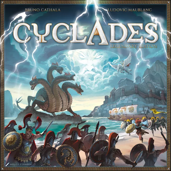 Illustrated game cover for "Cyclades Legendary Edition" by Open Sesame Games, showcasing Greek soldiers, mythical creatures, and a stormy sky over ancient architecture. Discover this epic visual on our Kickstarter Campaign page.