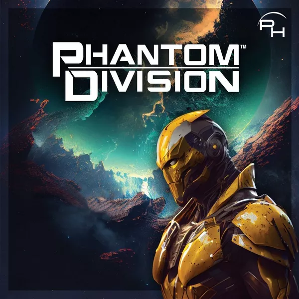 A futuristic soldier in gold armor stands poised within a stunning cosmic scene, where a planet and distant galaxies provide an awe-inspiring backdrop. At the top, "Phantom Division" is boldly displayed, capturing the essence of this tactical dexterity game set in the sci-fi genre.