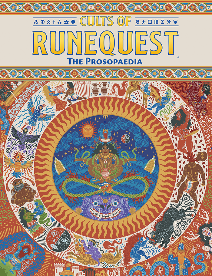 Colorful illustrated cover of "Cults of RuneQuest: The Prosopaedia" by Chaosium Inc, featuring a central circular design with mythical creatures and intricate patterns. Surrounding rings depict diverse deities and iconography, bordered by decorative motifs.