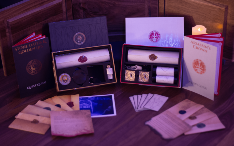 A collection of escape room game materials is elegantly displayed on a table, including quest guides, scrolls, sealed envelopes, keys, and cards. The tabletop roleplaying adventure scene is dimly lit by a candle, evoking an air of mystery.
