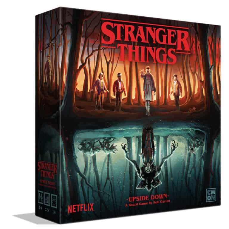 The box cover of CMON's "Stranger Things: Upside Down" board game showcases characters navigating a shadowy forest, their reflections below revealing eerie creatures. The dark, atmospheric background complements the iconic red title at the top.
