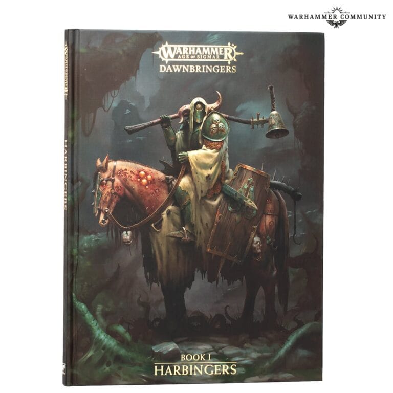 The cover of "Warhammer Age of Sigmar: Dawnbringers Book I - Harbingers" features a menacing, armored figure on horseback, brandishing a bell-topped staff. The scene is steeped in darkness and eeriness, capturing the grim essence of Warhammer's fantastical realms.