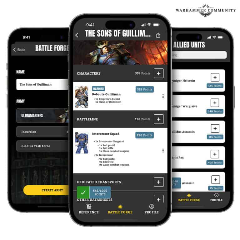 The Games Workshop app showcases a Warhammer 40K army list. On screen, "The Sons of Guilliman" headline details key units like Roboute Guilliman and an Intercessor Squad. Its streamlined interface, complete with tabs, ensures effortless navigation through the vast Warhammer universe.