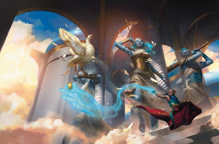 A person in a flowing red and teal outfit conjures magic in an ethereal, cloud-filled environment reminiscent of Dungeons & Dragons. Giant statues and a golden bird are present, with beams of light streaming through archways, creating a mystical atmosphere perfect for an epic expansion book.