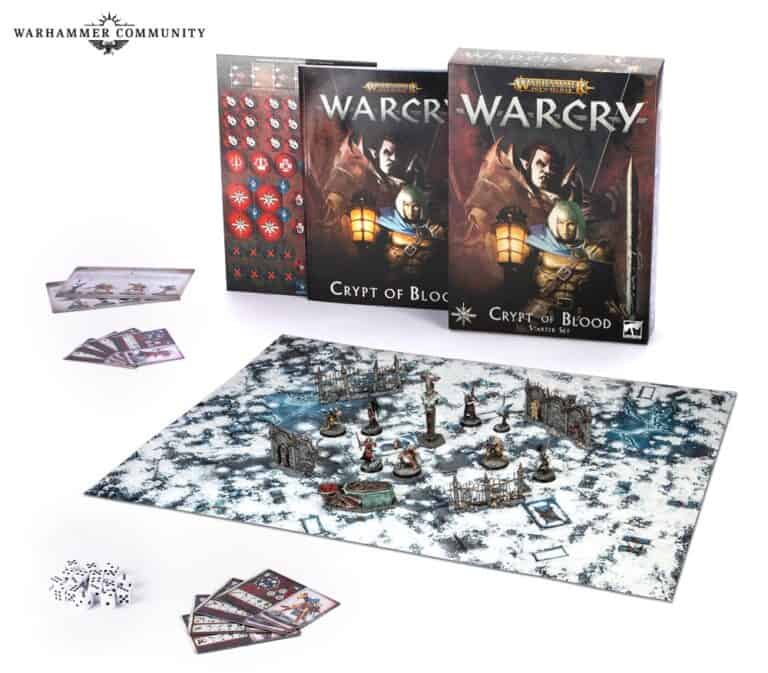 Discover the "Warcry: Crypt of Blood" boxed set, a captivating entry in Games Workshop's Warcry Starter Sets. This set includes cards, a game board, miniature figures, and pieces. The stunning artwork features two armored warbands wielding lanterns, ready to battle in the crypt.