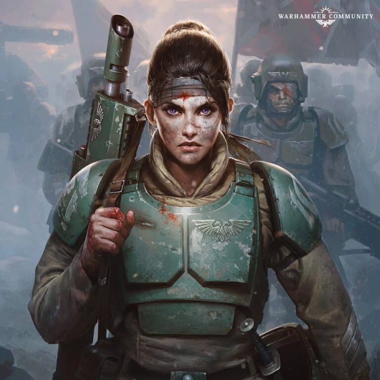 A soldier in green armor with a determined expression marches forward, holding a weapon. A squad of similarly armored soldiers follows on the misty Cadia battlefield, evoking the immersive worlds created by Games Workshop.