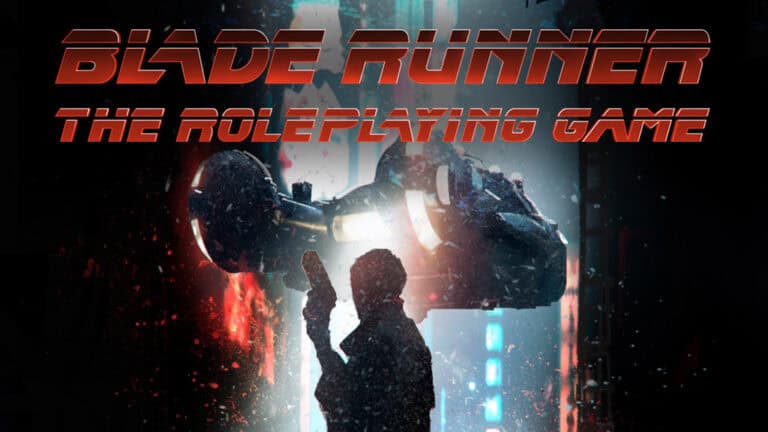 Silhouette of a person holding a gun, standing in front of a flying car amid a futuristic cityscape with neon lights. The text says "Blade Runner RPG: Replicant Rebellion" in bold red and orange letters.