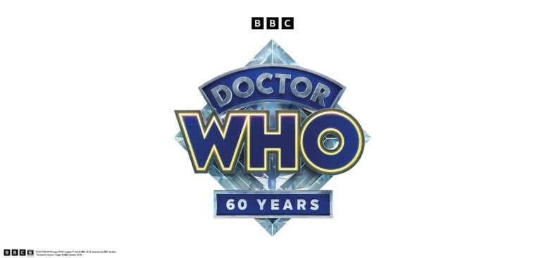 The image showcases the "Doctor Who" logo with a diamond-shaped design, marking the 60th Anniversary. Celebrating six decades of adventure, it resembles a roleplaying game book cover. The BBC logo is prominently displayed at the top of this commemorative tribute.