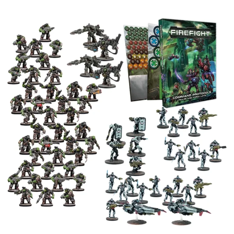 A tabletop wargame set with sci-fi miniature figures available for pre-orders includes "Firefight Command Protocols," a rulebook packed with strategic depth, and assorted tokens. The miniatures feature diverse infantry units and mechanical figures on round bases.
