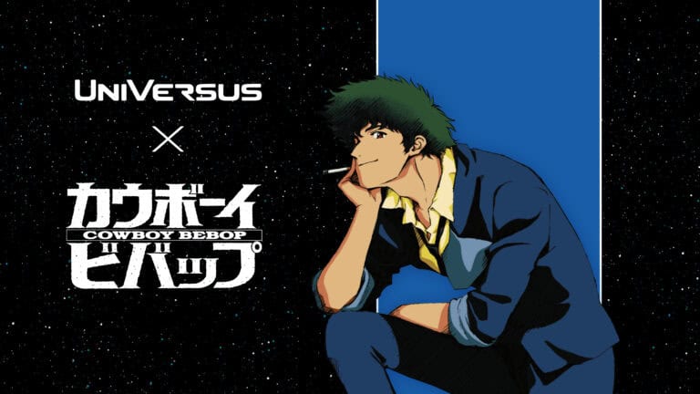 Anime character in a blue suit with a cigarette sits pensively against a blue-black background. Text reads "Universus x Cowboy Bebop" alongside logos of UVS Games and Jasco Games, hinting at an exciting collaboration with UniVersus Collectible Card Game.