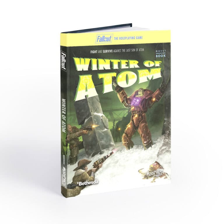 The cover of "Winter of Atom," a Fallout roleplaying game by Modiphius Entertainment, showcases a figure in power armor on a snowy landscape with a person holding a gun and a nearby robot. The publishers' logos, Modiphius and Bethesda, are prominently displayed.