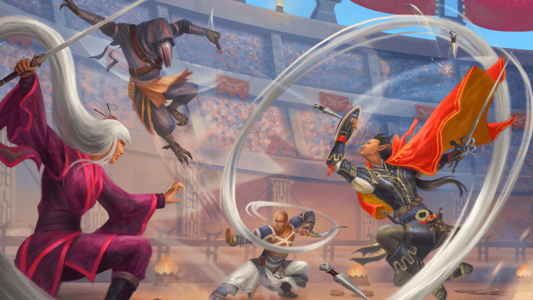 Four warriors engaged in a dynamic battle in an arena, each wielding swords with swift motion. Spectators fill the stands, and the scene is lively with vibrant colors and intense action, reminiscent of a Fists of the Ruby Phoenix showdown from Pathfinder Battles.