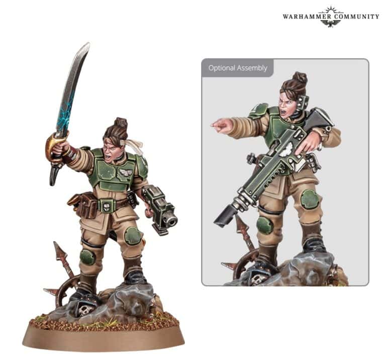 A detailed miniature figurine of a Necromunda soldier in combat gear stands on a rocky base. The figure holds a sword aloft with one hand, and an optional assembly shows a gun-holding stance. The soldier wears green armor with brown accents, embodying the spirit of Astra Militarum.