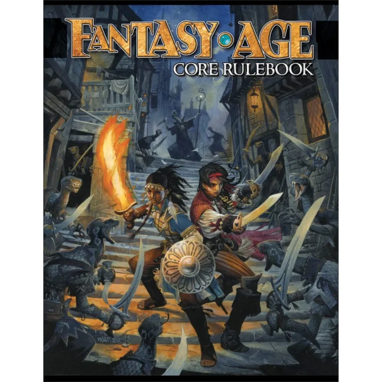 The cover of the Fantasy AGE 2nd Edition Core Rulebook, released by Green Ronin Publishing, depicts two adventurers battling goblins on a medieval street. One brandishes a flaming sword, while the other fights with a sword and shield. The scene is dark and atmospheric, set in narrow alleyways and buildings.