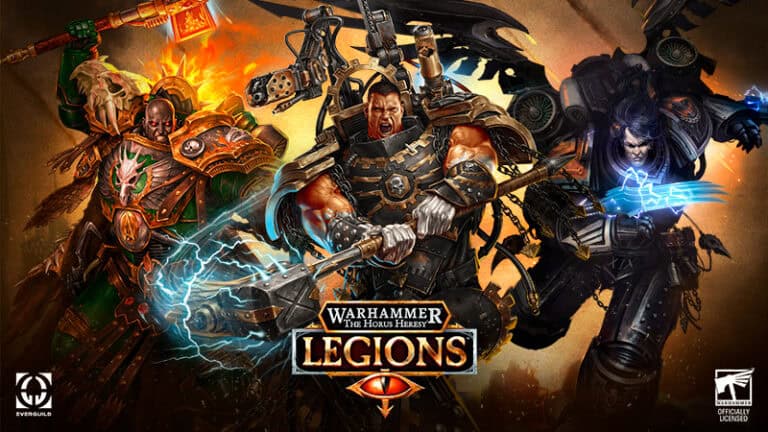 Three armored warriors wield weapons, surrounded by lightning and energy effects. Text reads "Warhammer: The Horus Heresy Legions" with Everguild logos in the corners. The scene is dynamic and intense, capturing a dark, fantasy atmosphere.