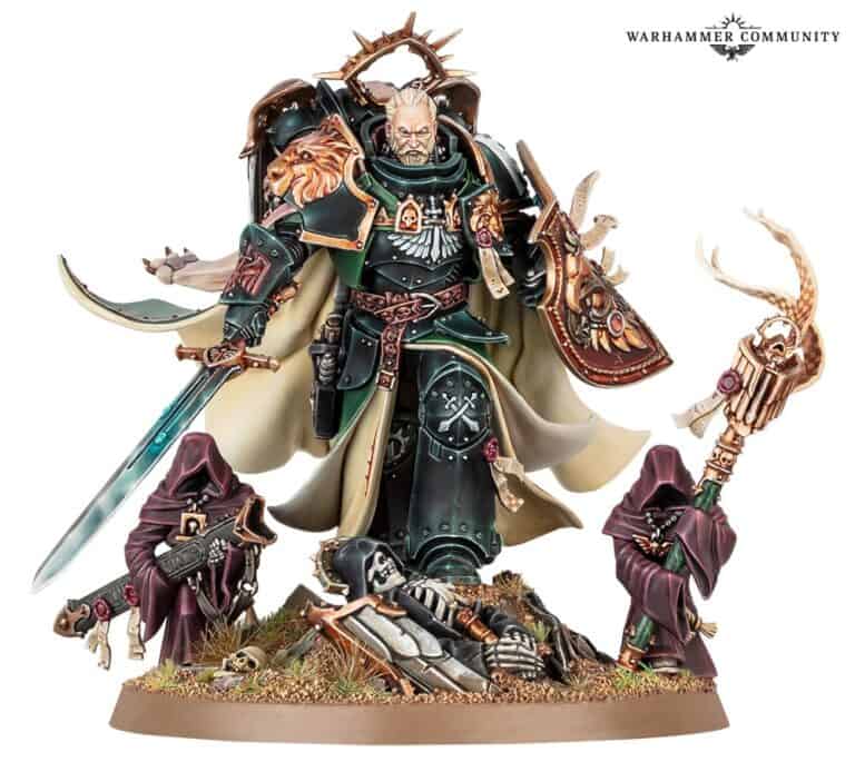 A detailed miniature of a warrior in ornate armor with a lion motif, holding a sword. He stands on a scenic base with robed figures and skulls. This new addition to the Warhammer 40,000 collection showcases intricate design and vibrant colors, perfect for fans seeking unique miniatures.