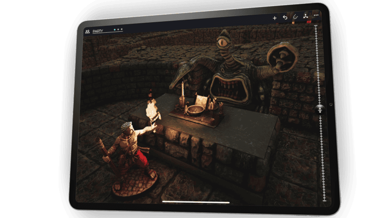 A digital image on a tablet depicts a fantasy scene reminiscent of Pathfinder, featuring a knight with torch and sword, approaching a table. Across from the table stands a large, cyclopean creature with outstretched arms in a dimly lit stone chamber.