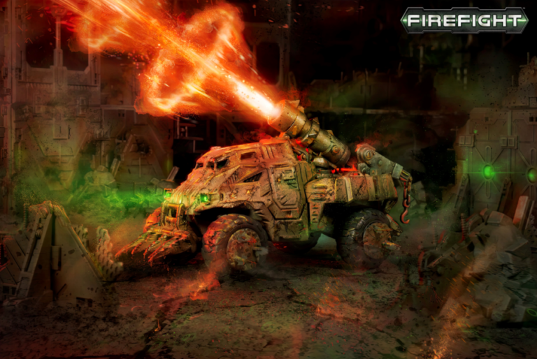In a dark, futuristic industrial setting, a rugged armored vehicle unleashes a fiery energy beam from its cannon. Green lights glow as "FIREFIGHT: Annihilation Games" is emblazoned in the corner, showcasing the intensity of Mantic Games' COMMAND PROTOCOLS.