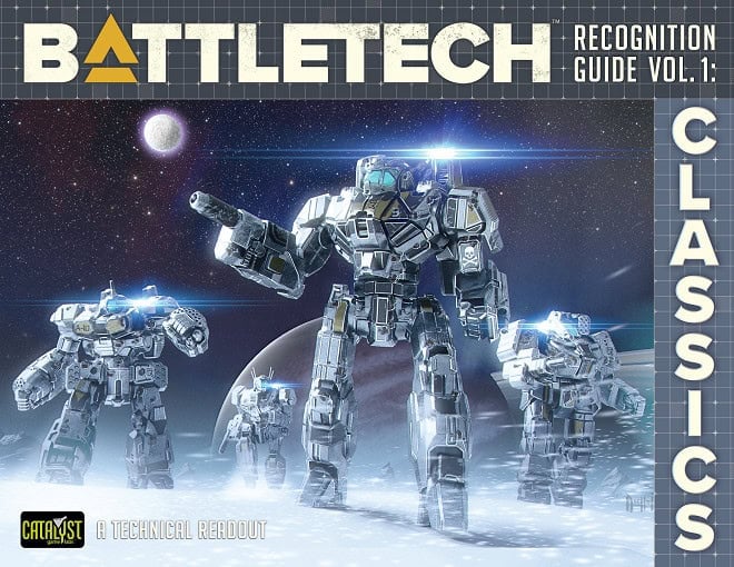 The cover of "BattleTech: Recognition Guide Vol. 1 - Classics" showcases three large, futuristic robots with weaponry, striding confidently across a snowy landscape as a planet and stars provide a cosmic backdrop.