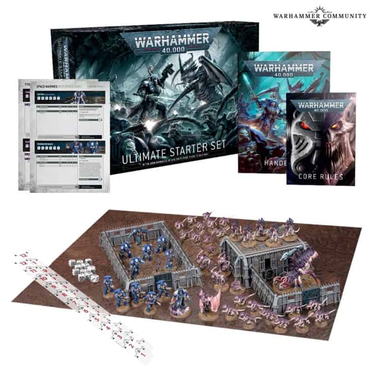 The Warhammer 40,000 Ultimate Starter Set from Games Workshop offers everything you need to dive into the world of 40K. Complete with game materials, rule books, and miniatures, it showcases a layout rich in terrain and figures for immersive board gameplay. The box art bursts with dynamic sci-fi imagery.