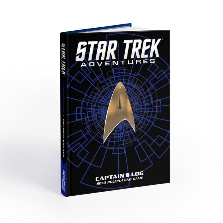 The book, "Star Trek Adventures: Captain's Log," invites you into the Star Trek Universe with its black cover adorned by a gold Starfleet insignia at the center, encompassed by a striking blue geometric pattern, perfect for an immersive solo roleplaying experience.