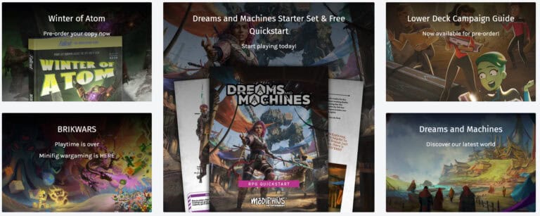 Collage of tabletop game covers: "Winter of Atom," "Dreams and Machines Starter Set & Free Quickstart," "Lower Deck Campaign Guide," and "BRIKWARS." Central image features a fantasy character with a mechanical arm. Check out Modiphius Entertainment's new releases for June and July 2023!