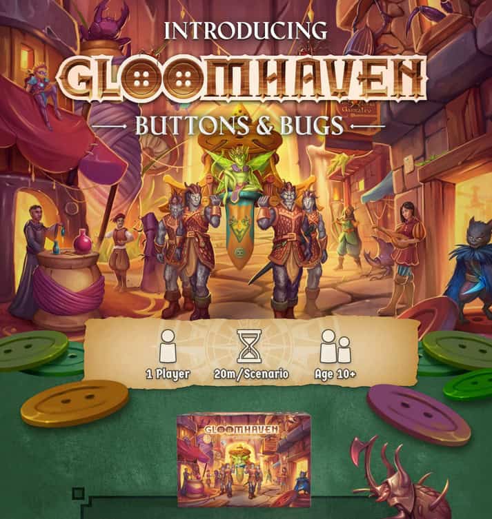 Colorful board game cover art for "Gloomhaven: Buttons & Bugs." Showcases fantasy characters in vibrant clothing within a bustling market scene. Includes icons for Solo Play Game, 20 minutes per scenario, and age 10+. Box sits at the bottom center.