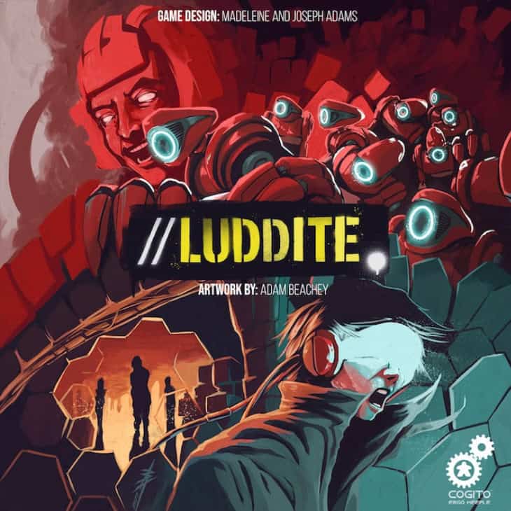 Illustrated board game cover titled "Luddite." This Sci-Fi Adventure features red robotic figures looming over a man in modern attire, with a dramatic futuristic background. Shadows of people are on the left. Artwork by Adam Beachey.