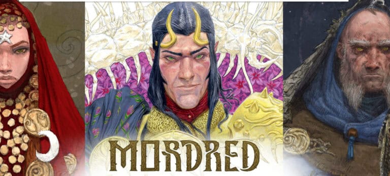 An illustration inspired by Arthurian Legend features three fantasy characters: a person in a red veil with gold adornments, a central figure with dark hair and ornate robes, and a bearded individual in a hooded cloak. The word "MORDRED" is prominently displayed below, invoking tales of medieval allure.