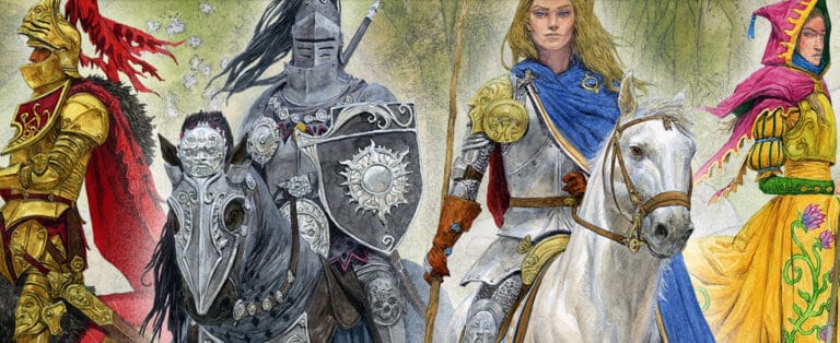 A group of knights in detailed armor, designed by CMON, stands together, featuring colorful designs and ornate trims. Mordred is among them on horseback, his long blonde hair flowing. The lush greenery in the background adds a mystical setting to the scene.