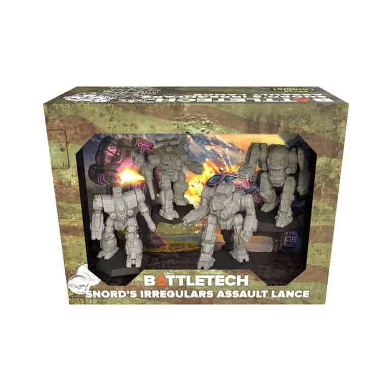 The Box containing "BattleTech Snord's Irregulars Assault Lance" miniature figures showcases the immersive BattleTech Universe. The packaging, featuring four detailed mech figures and a backdrop of explosions, proudly displays its camouflage-themed branding by Catalyst Game Labs' ForcePacks.