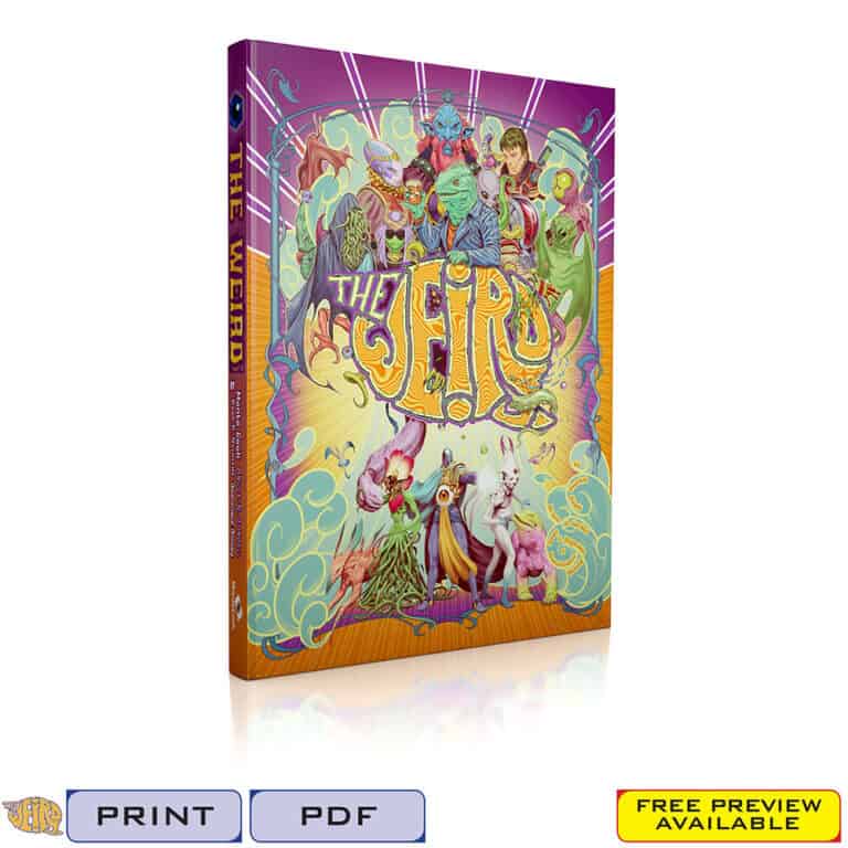 The cover of "The Weird," an RPG masterpiece, features colorful illustrations of various fantasy characters and creatures. The title is prominently displayed. Options to print or view a PDF are shown, along with a note about the free preview available from Monte Cook Games.
