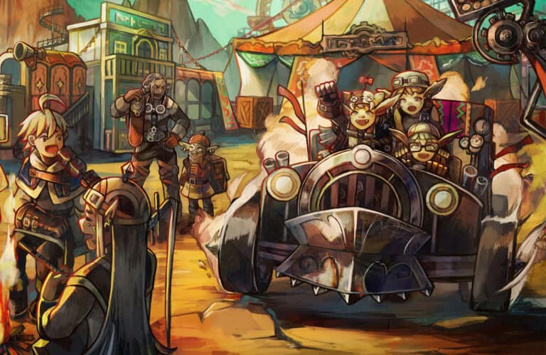 A vibrant, steampunk-style illustration features characters in detailed goggles and gear, reminiscent of the Cloudbreaker Alliance from a popular tabletop RPG. A group rides in a whimsical vehicle near colorful tents and buildings under a blue sky, creating a bustling atmosphere.